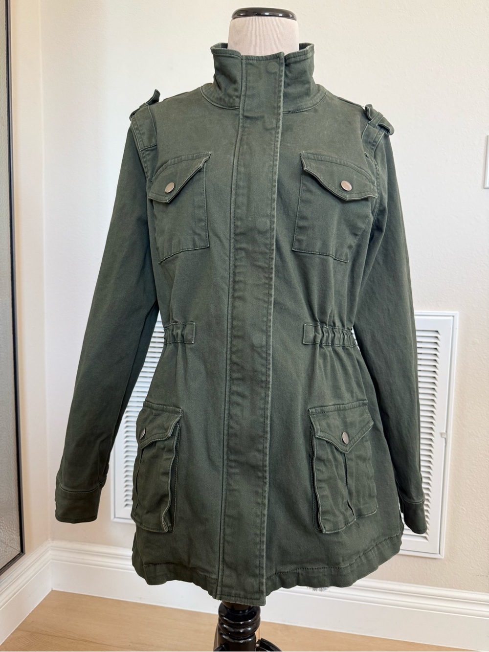 Olive Green Military Utility Button Up Zipper Jacket Pockets Cinched Waist L